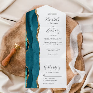 Moderne Teal Blau Gold Achat Hochzeit All In One Einladung