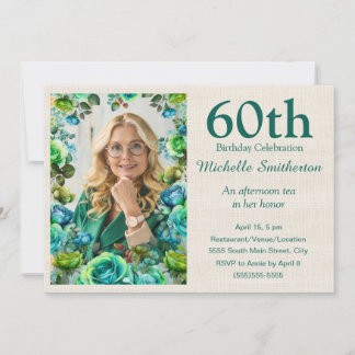 Moderne Teal Blau Grüne Blumen 60. Geburtstag Foto Einladung