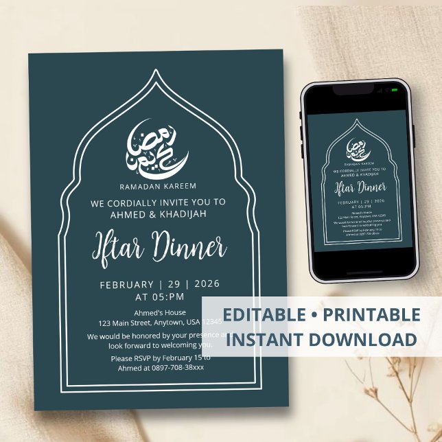 Moderne Teal-Bogen-Ramadan-Iftar-Dinner-Einladung Einladung (Von Creator hochgeladen)