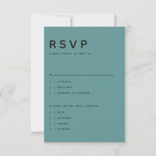 Moderne Teal-Editorial-Karte in Großbuchstaben zur RSVP Karte
