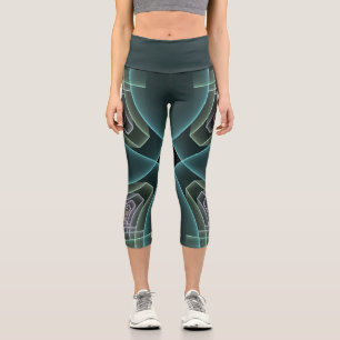 Moderne Teal-Geometrie-Fraktal-Kunstgrafik Capri Leggings