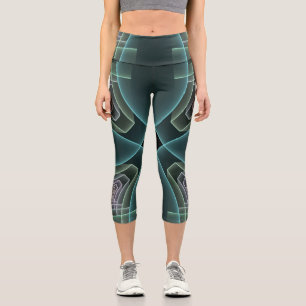 Moderne Teal-Geometrie-Fraktal-Kunstgrafik Capri Leggings