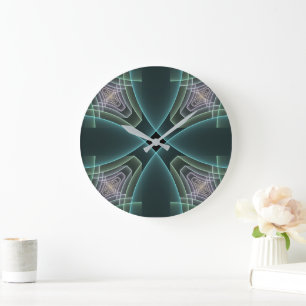 Moderne Teal-Geometrie-Fraktal-Kunstgrafik Große Wanduhr