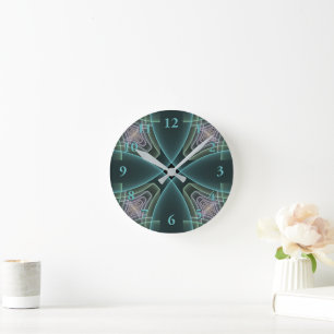 Moderne Teal-Geometrie-Fraktal-Kunstgrafik Runde Wanduhr