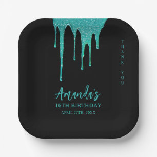 Moderne Teal-Glitter-Tropfen Sweet 16 Geburtstag Pappteller