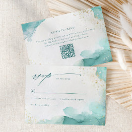 Moderne Teal Gold Abstrakte Strandhochzeit QR Code RSVP Karte