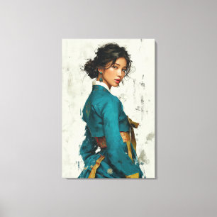 Moderne Teal-Hanbok-Porträt-Leinwandkunst Leinwanddruck