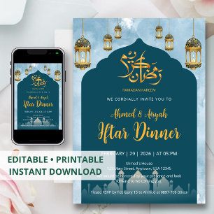 Moderne Teal-Moschee und goldene Laternen Iftar-Ab Einladung