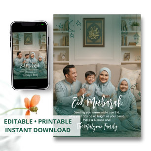 Moderne Teal-Overlay-Familienfoto-Eid-Mubarak-Kart Feiertagskarte
