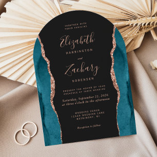 Moderne Teal-Roségold-Achat-Dunkel-Bogen-Hochzeit Einladung