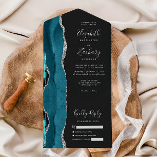 Moderne Teal Silber Achat Dunkle Hochzeit All In One Einladung