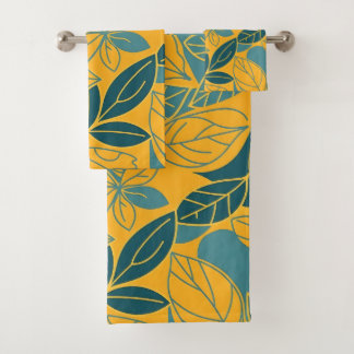 Moderne Teal- und Goldene Botanische Blätter Badhandtuch Set