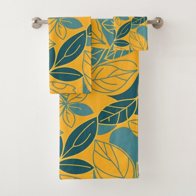 Moderne Teal- und Goldene Botanische Blätter Badhandtuch Set (Insitu)