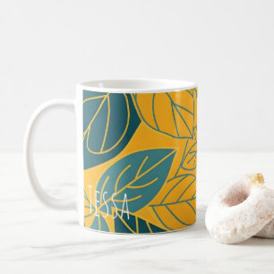 Moderne Teal- und Goldene Botanische Blätter Kaffeetasse