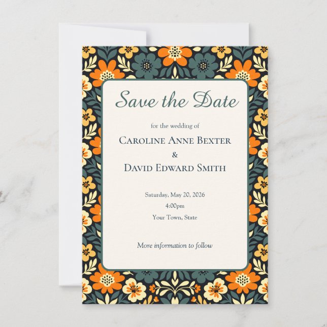 Moderne Teal- und Orange-Blumen-Design Save-the-Da (Vorderseite)