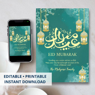 Moderne Teal-Wasserfarbe-Eid-Mubarak-Grußkarte Feiertagskarte