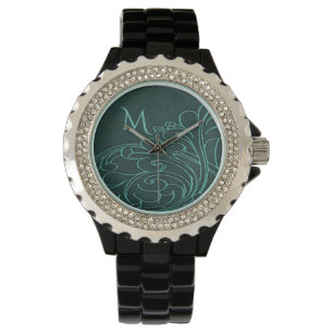 Moderne Teal-Wirbel Elegantes Monogramm Armbanduhr