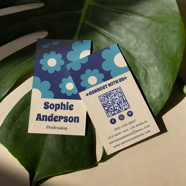 Moderne Tealblaue Retro-Blumenmuster mit QR-Code Visitenkarte (Von Creator hochgeladen)