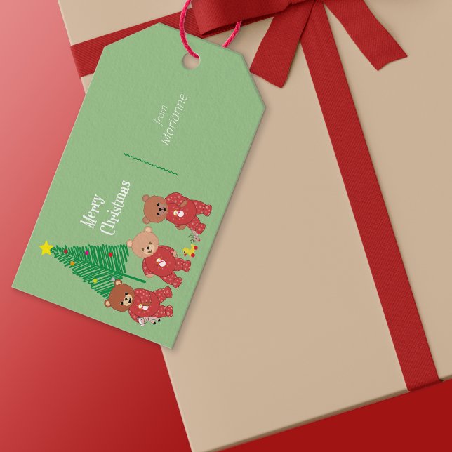 Moderne Teddybären in Weihnachten Pajamas mit Bäum Geschenkanhänger (3 Toddler Teddies In Baby Gros Gift Tag)