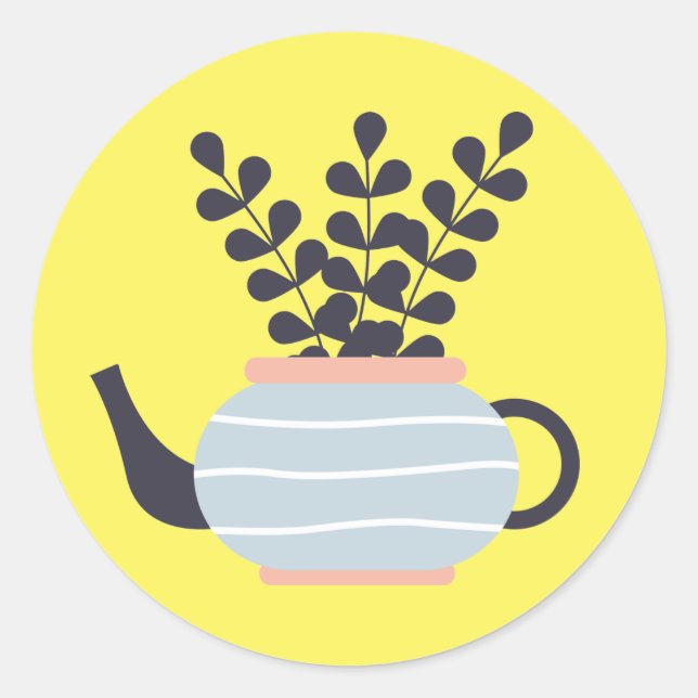 Moderne Teekanne mit Pflanze in Pastelltönen Runder Aufkleber (Vorderseite)