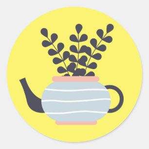 Moderne Teekanne mit Pflanze in Pastelltönen Runder Aufkleber