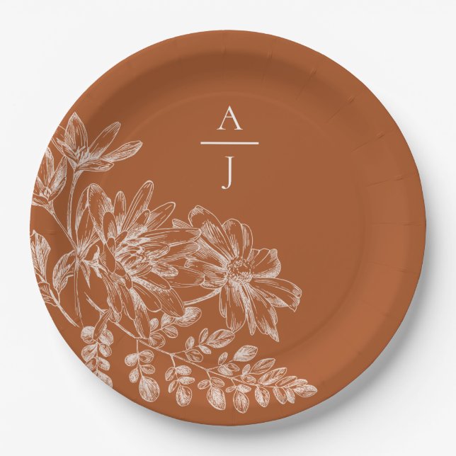 Moderne Terra Cotta Monogram Floral Pappteller (Vorderseite)
