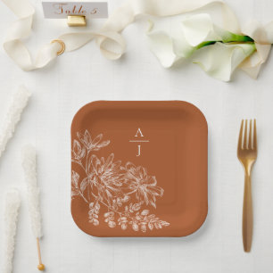 Moderne Terra Cotta Monogram Floral Square Pappteller