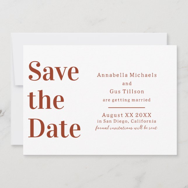 Moderne Terra Cotta und weißer großer Schriftart Save The Date (Vorderseite)