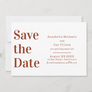 Moderne Terra Cotta und weißer großer Schriftart Save The Date
