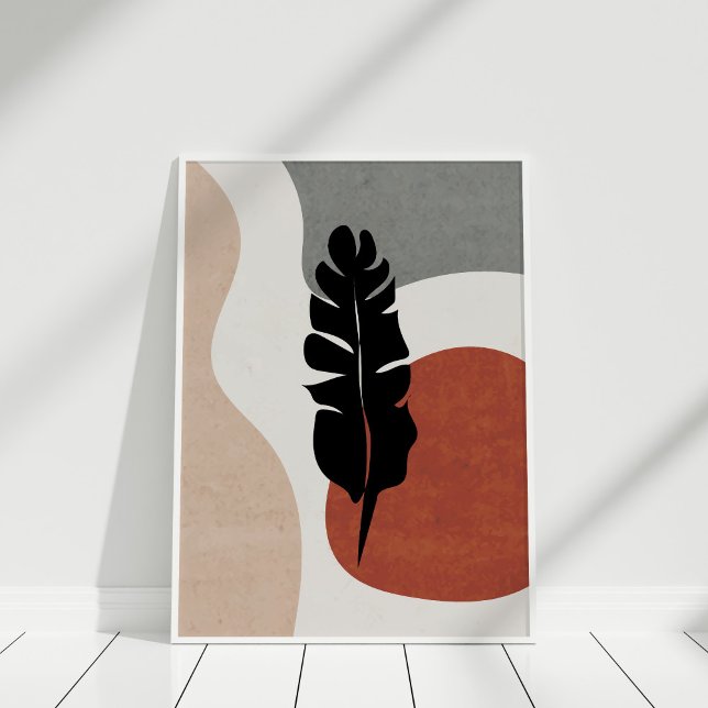 Moderne Terracotta Abstrakt Botanische Landschaft Poster (Modern Terracotta Abstract Botanical Wall Art against white wall in white frame.)