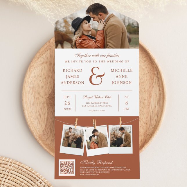 Moderne Terracotta Ampersand Foto QR Code Hochzeit All In One Einladung (Von Creator hochgeladen)