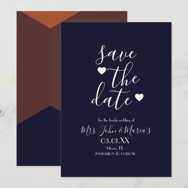 Moderne Terracotta Chocolate Navy Save the Date Einladung (Vorne/Hinten)