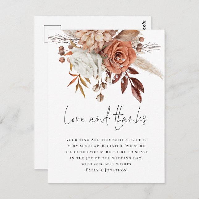 Moderne Terracotta Florals Liebe Dank Hochzeit Postkarte (Vorne/Hinten)