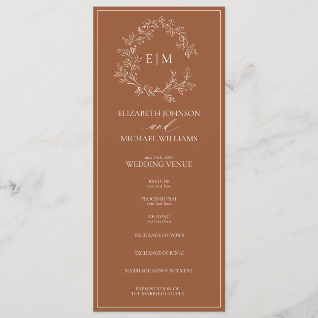 Moderne Terracotta Leafy Wappen Monogram Wedding Programm (Vorderseite)