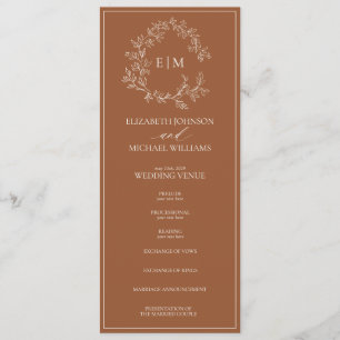 Moderne Terracotta Leafy Wappen Monogram Wedding Programm