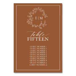 Moderne Terracotta Leafy Wappen Monogram Wedding Tischnummer