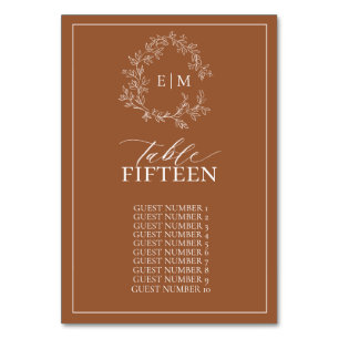 Moderne Terracotta Leafy Wappen Monogram Wedding Tischnummer