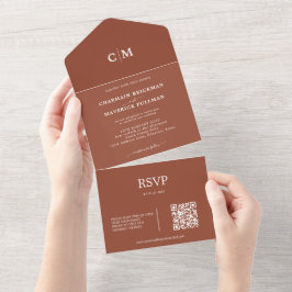 Moderne Terracotta Monogram QR Code UAWG Wedding All In One Einladung