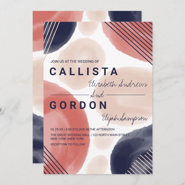 Moderne Terracotta Navy Beige Wasserfarbenhochzeit Einladung (Vorne/Hinten)
