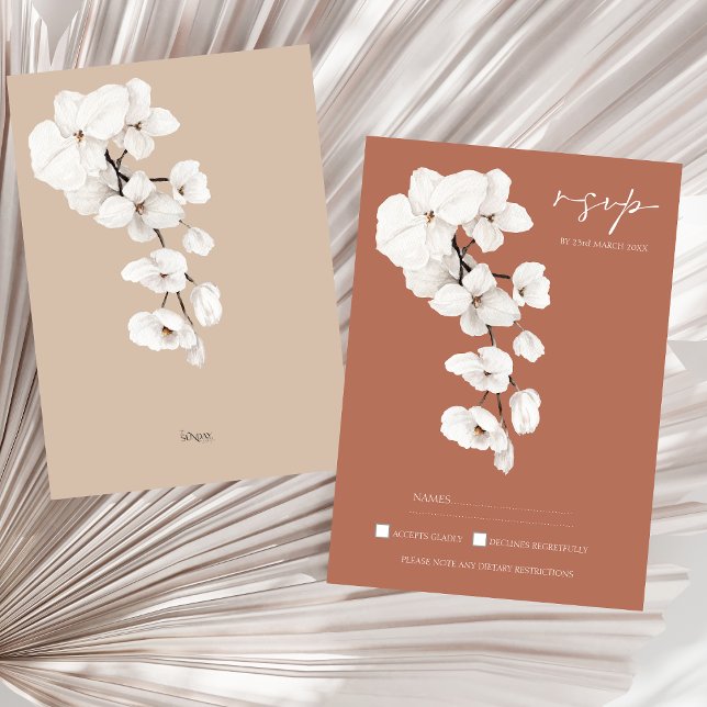 Moderne Terracotta Orchid Wedding RSVP Card (Modern Terracotta Orchids Floral Wedding RSVP Card)