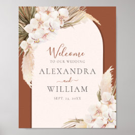 Moderne Terracotta Pampas Floral Wedding Willkomme Poster