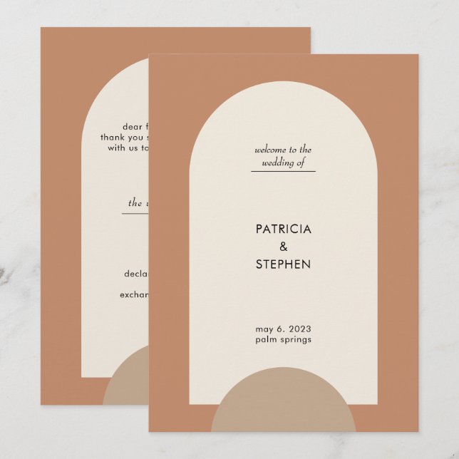 Moderne Terracotta Sand Boho Arch Geometric Weddin Programm (Vorne/Hinten)