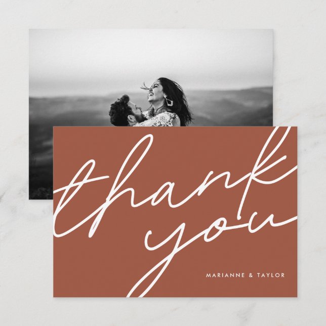 Moderne Terracotta Script Calligraphy Wedding Dankeskarte (Vorne/Hinten)