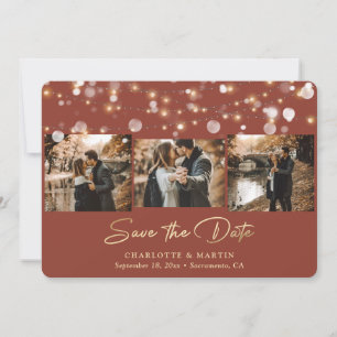 Moderne Terracotta und Gold 3 Foto Save the Date