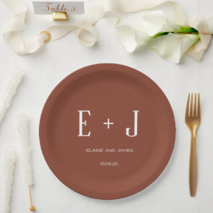 Moderne Terracotta & White Monogram Wedding Party Pappteller