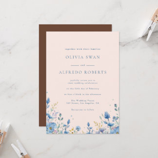 Moderne Terrakotta Blaue Florale Hochzeit Einladung