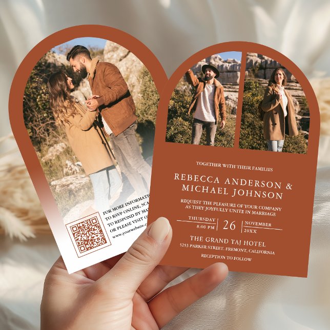 Moderne Terrakotta-Bogen-Foto-QR-Code-Hochzeit Einladung (Von Creator hochgeladen)