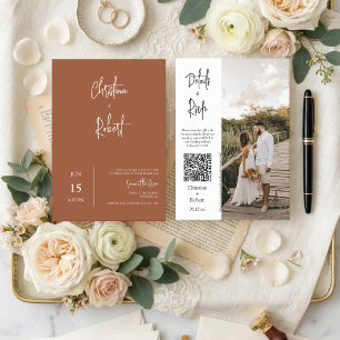 Moderne Terrakotta Boho Hochzeit Foto QR Code Rück Einladung