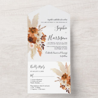 Moderne Terrakotta-Boho-Pampasgras-Hochzeit All In One Einladung