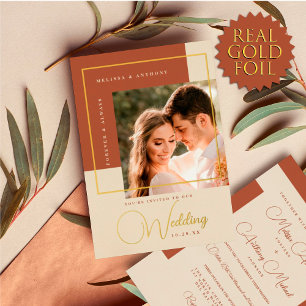 Moderne Terrakotta-Goldfarbene Block-Foto-Hochzeit Folieneinladung